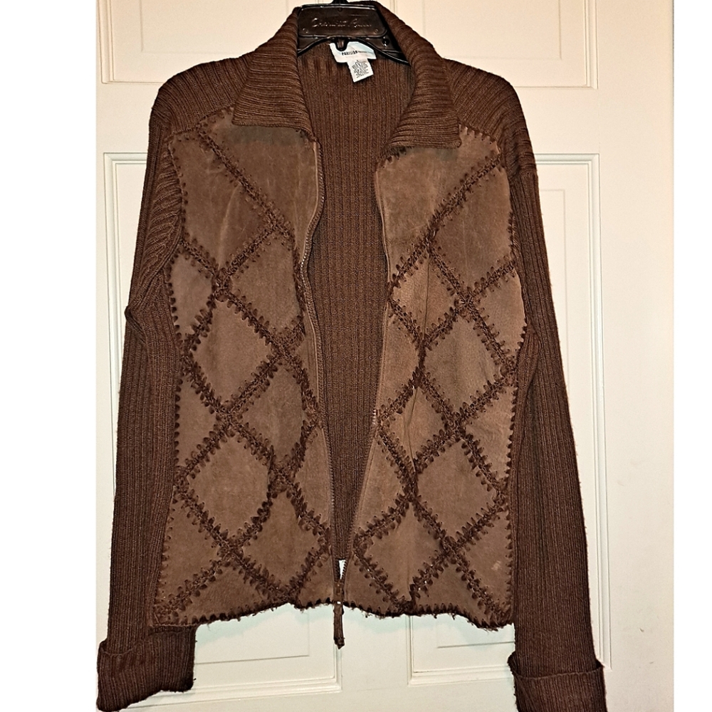 Women’s brown leather cardigan sweater coat jacket travel outdoor winter party